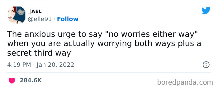 Tweet from a woman about anxious worrying, featured among funniest tweets from women that will make you ROFL.