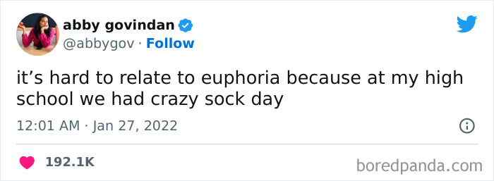 Tweet by a woman humorously comparing high school sock day to the show Euphoria, highlighting funniest tweets from women.