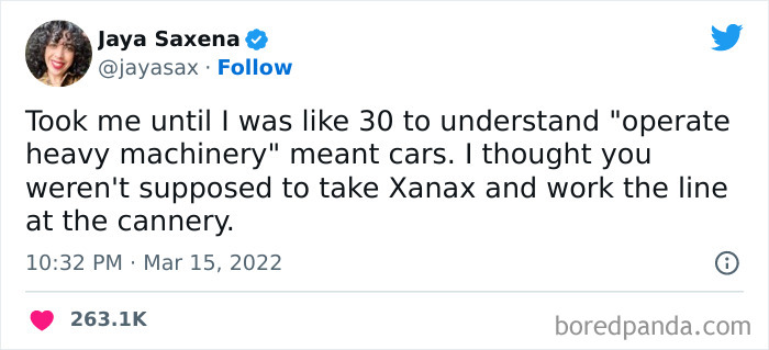 Funny tweet about Xanax confusion related to operating heavy machinery, featured in funniest tweets from women collection.