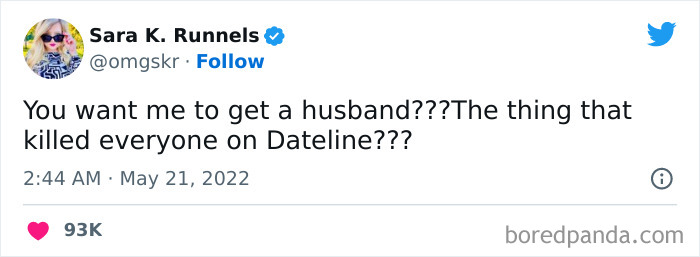 Tweet from a woman humorously questioning getting a husband referencing Dateline, part of funniest tweets from women this week.