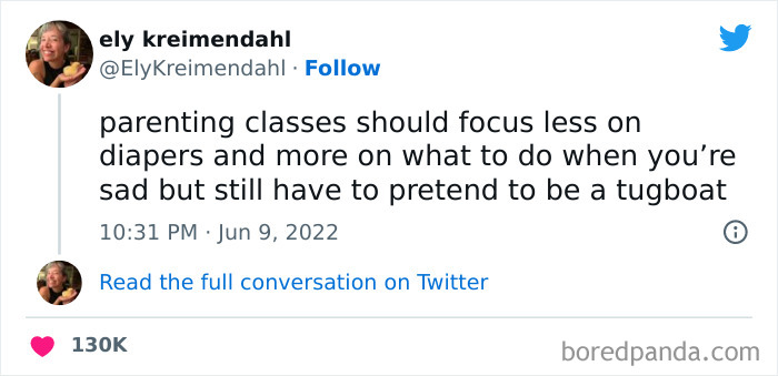 Tweet about parenting classes highlighting emotional struggles, featured in funniest tweets from women this week collection.