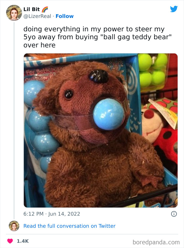 Plush teddy bear with a blue ball gag in its mouth, part of funniest tweets from women this week collection.