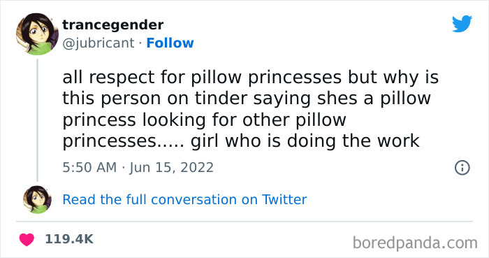 Tweet from a woman humorously questioning a Tinder profile claiming to be a pillow princess, part of funny tweets this week.