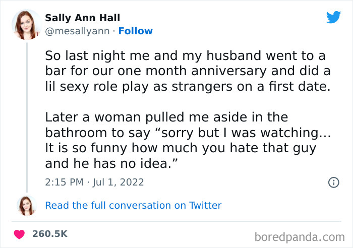 Tweet from a woman sharing a funny story about her husband and a bar, included in funniest tweets from women.