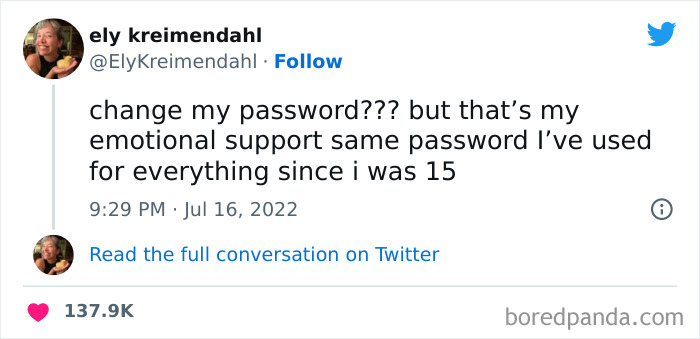 Tweet from a woman humorously discussing her emotional support password, part of funniest tweets from women this week.