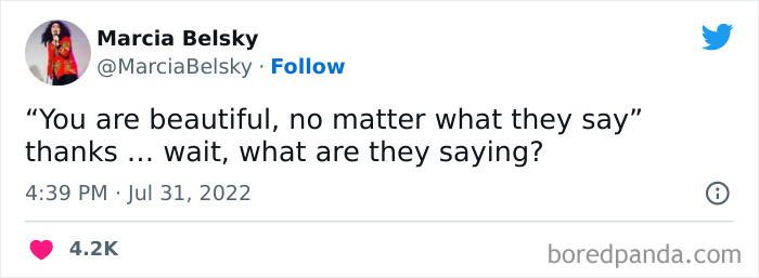 Tweet about a playful compliment discussing beauty, featured in funniest tweets from women this week that will make you ROFL.