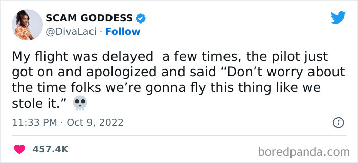 Tweet from a woman sharing a funny pilot quote about flying like they stole the plane, part of funniest tweets this week.