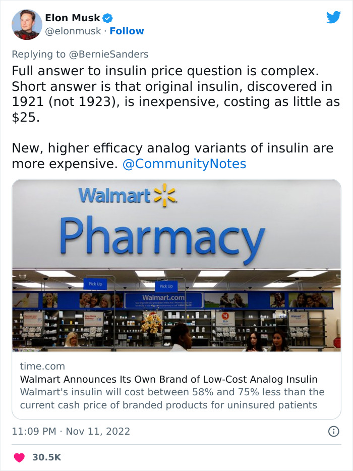 Bernie Sanders Calls Out Company Purposefully Raising Insulin Prices, When Elon Musk Tries To Defend Them, Twitter Corrects His Facts