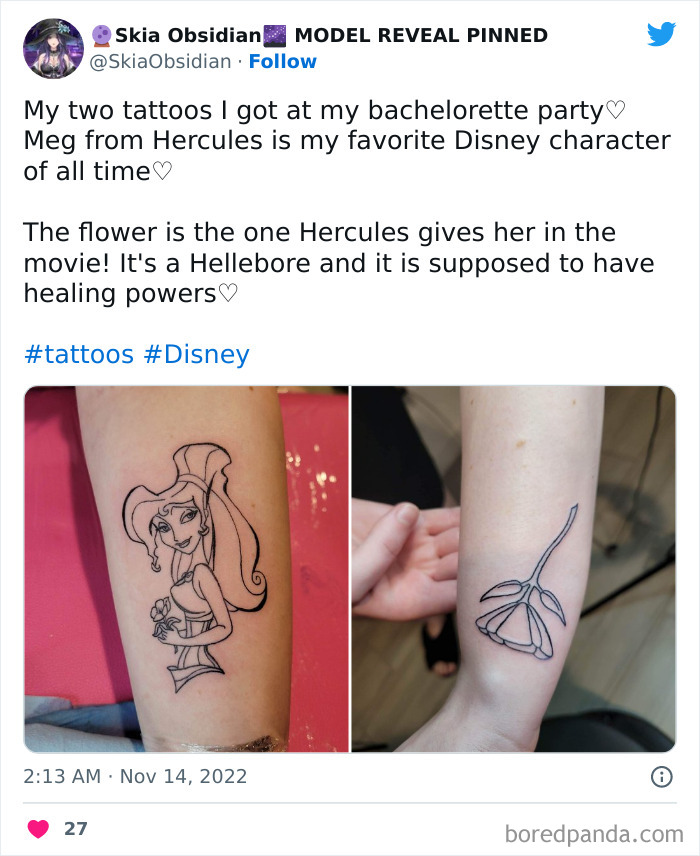 Cartoon tattoos featuring Meg from Hercules and a Hellebore flower.