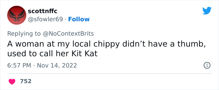 Twitter post showing a funny and witty nickname shared by a user about a woman called Kit Kat for having no thumb.