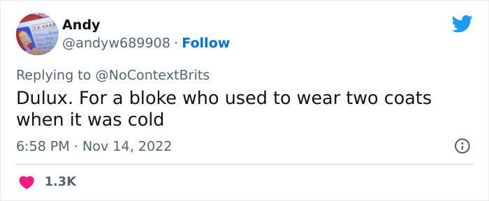 Tweet showing a funny and witty nickname Dulux for a man who wore two coats when it was cold in a Twitter thread.