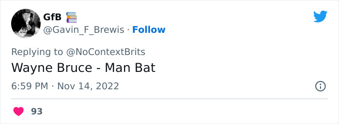 Twitter screenshot showing a witty nickname "Wayne Bruce - Man Bat" from a thread about funny nicknames.