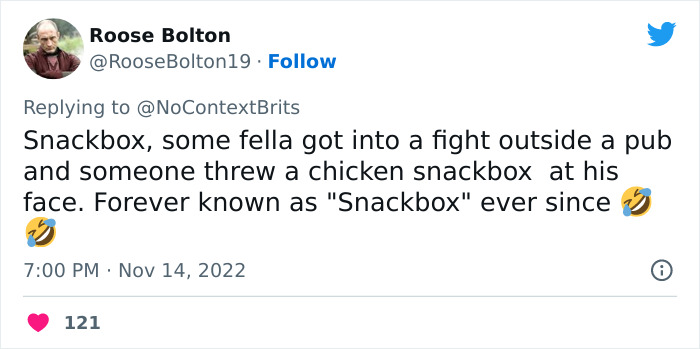 Tweet showing a witty nickname Snackbox, shared in a thread about the funniest and wittiest nicknames people ever had.