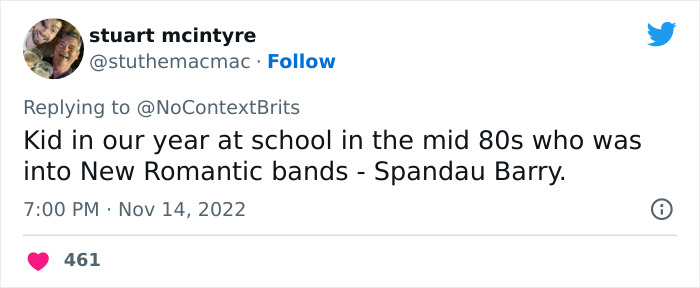 Screenshot of a witty Twitter reply sharing a funny nickname from the 80s related to New Romantic bands.