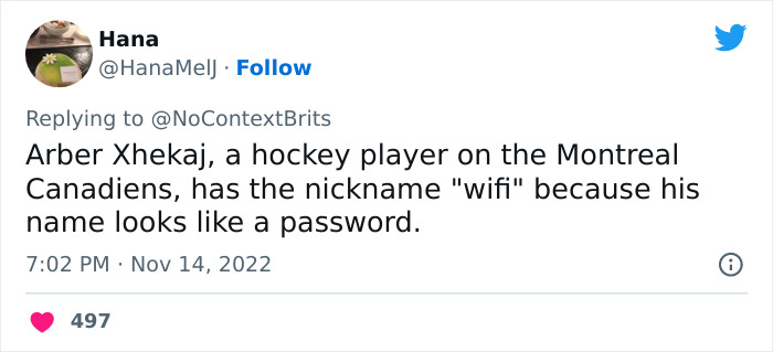 Tweet about Arber Xhekaj, a hockey player with the funny and witty nickname wifi from a popular Twitter thread.