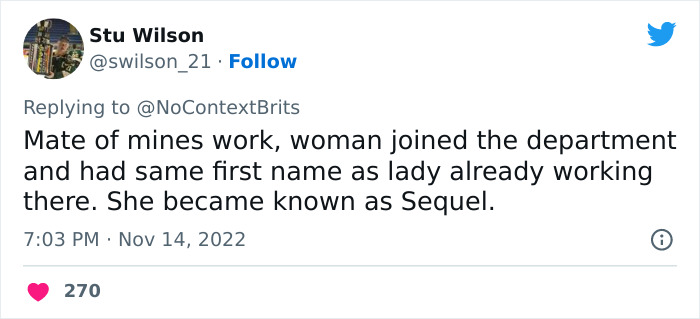 Screenshot of a Twitter post sharing one of the funniest and wittiest nicknames people ever had, Sequel.