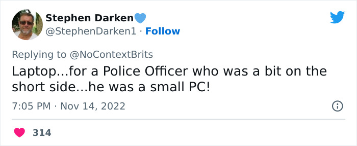Tweet showing a witty nickname Laptop for a small police officer, part of funniest and wittiest nicknames thread.