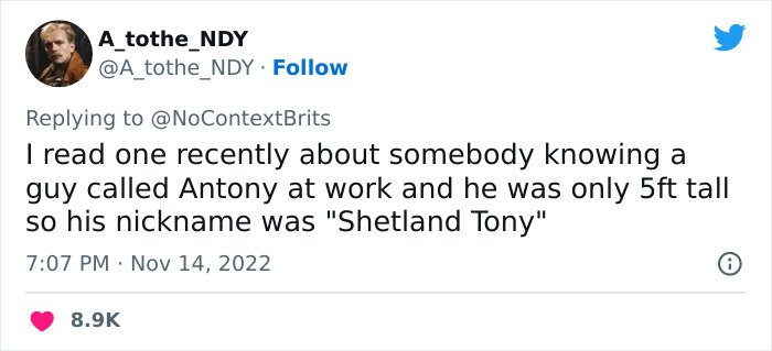 Tweet sharing a witty and funny nickname Shetland Tony for a coworker named Antony, from a popular Twitter thread.