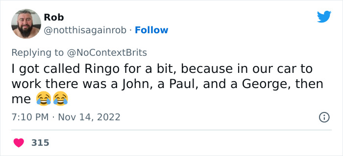 Tweet showing a witty nickname story about being called Ringo among Beatles-themed nicknames.