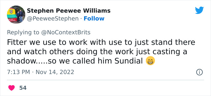 Tweet by Stephen Peewee Williams sharing a witty nickname Sundial from a funny nicknames Twitter thread.