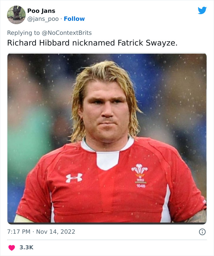 Twitter post showing a rugby player with the witty nickname Fatrick Swayze, highlighting funny and witty nicknames.