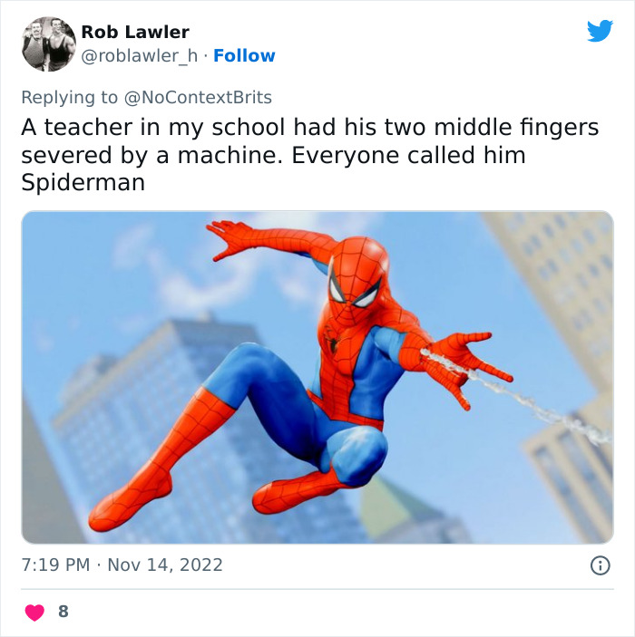 Tweet showing a funny and witty nickname Spiderman given to a teacher who lost two middle fingers in an accident.