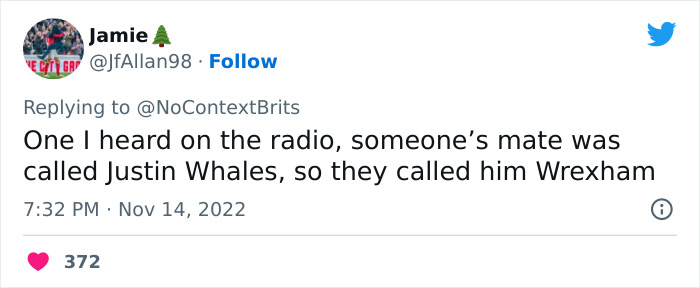 Tweet about one of the funniest and wittiest nicknames involving Justin Whales called Wrexham, from a Twitter thread.