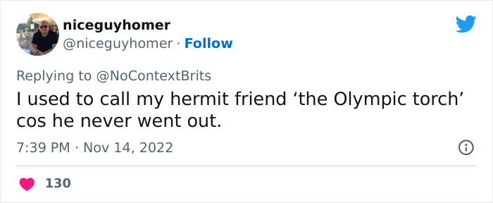 Tweet showing a funny and witty nickname called the Olympic torch for a friend who never went out.