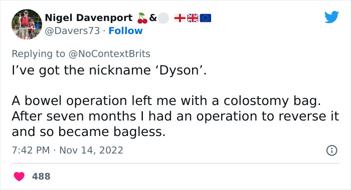 Tweet showing a witty nickname "Dyson" related to a bowel operation, part of funniest and wittiest nicknames thread.