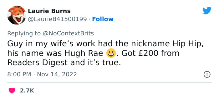 Tweet showing a witty nickname Hip Hip given to a man named Hugh Rae, part of funny nicknames from a Twitter thread.