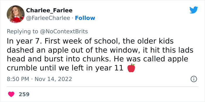 Tweet showing a witty nickname story from a Twitter thread about the funniest and wittiest nicknames people ever had.