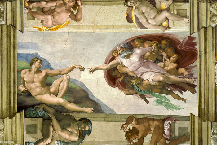 Michelangelo's Creation of Adam fresco in Sistine Chapel showcasing curious facts about art history and techniques.