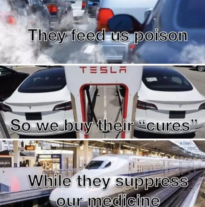Cars emit polluted air with text about poison, Tesla cars charging labeled cures, and a fast train with medicine suppression text.