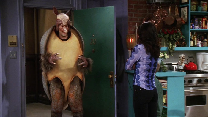 Ross wearing armadillo costume 