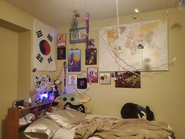 This Is Half Of My Bedroom, Sorry It's Kinda Messy, I Haven't Cleaned My Headboard In A While And Im Too Drained To Make My Bed Lol