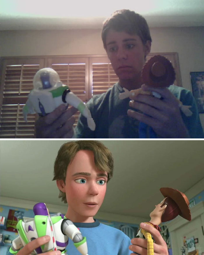 Andy and a boy recreating a scene 