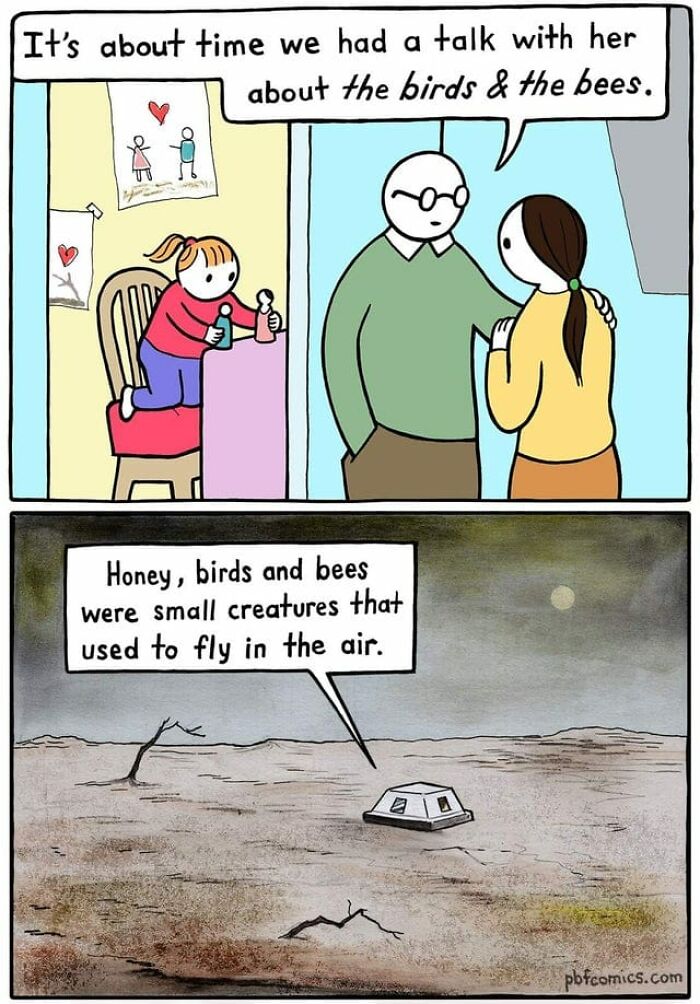 Cartoon showing parents talking about nature and the planet, highlighting dark humor about birds and bees in a barren world.
