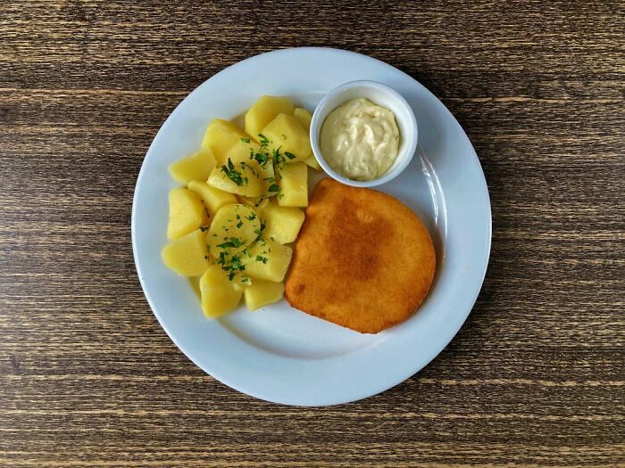 Golden Brown Fried Cheese, Potatoes, Tartar Sauce From The Czech Republic