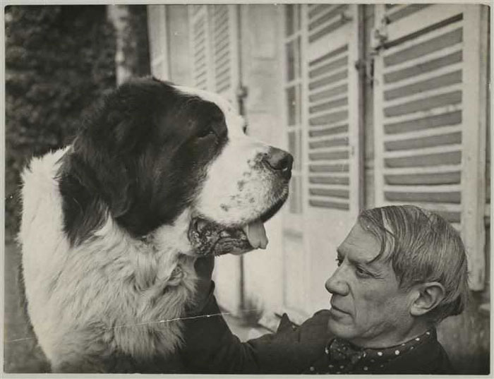Pablo Picasso with family Pyrenean Mountain dog at Boisgeloup, a curious art fact from 1930 musée national Picasso Paris.