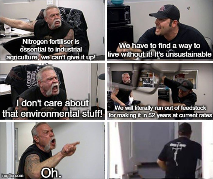 Two men arguing about nitrogen fertilizer and environmental impact in a dark meme about nature and the planet.