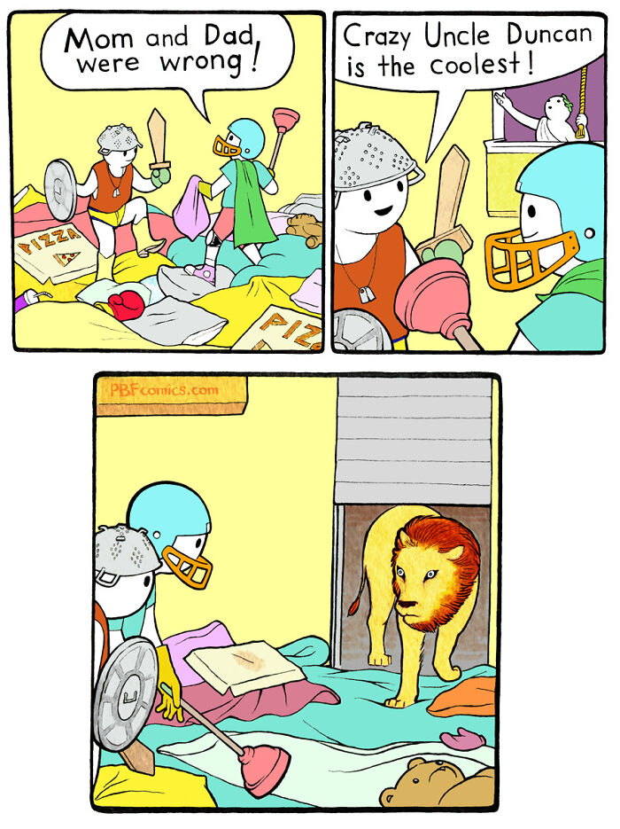 Two kids in costume play as knights in a messy room with pizza boxes, facing a lion in this twisted Perry Bible Fellowship comic.