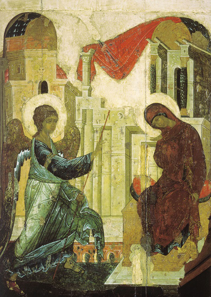 Ancient religious painting showing angel and woman inside architectural setting with halos, illustrating curious facts in art.