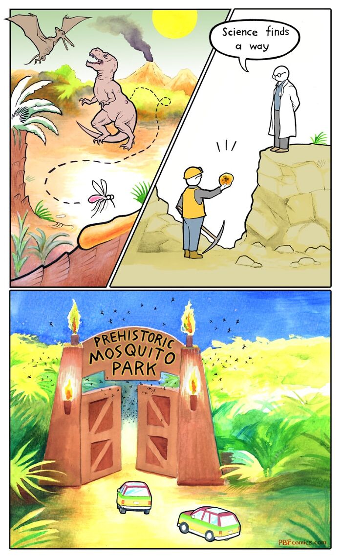 Comic showing a prehistoric mosquito park with dinosaurs, scientists, and a man holding a glowing mosquito in a twisted story.