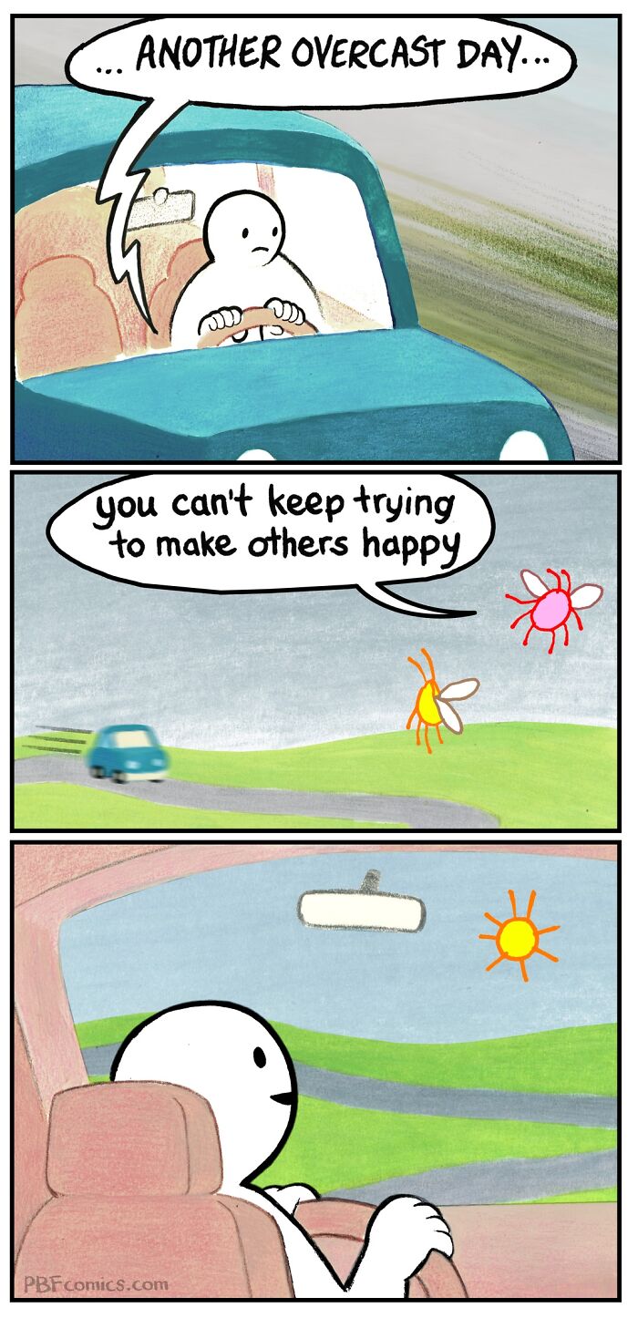Comic strip from Perry Bible Fellowship showing a character driving and changing mood in a bright comic style.