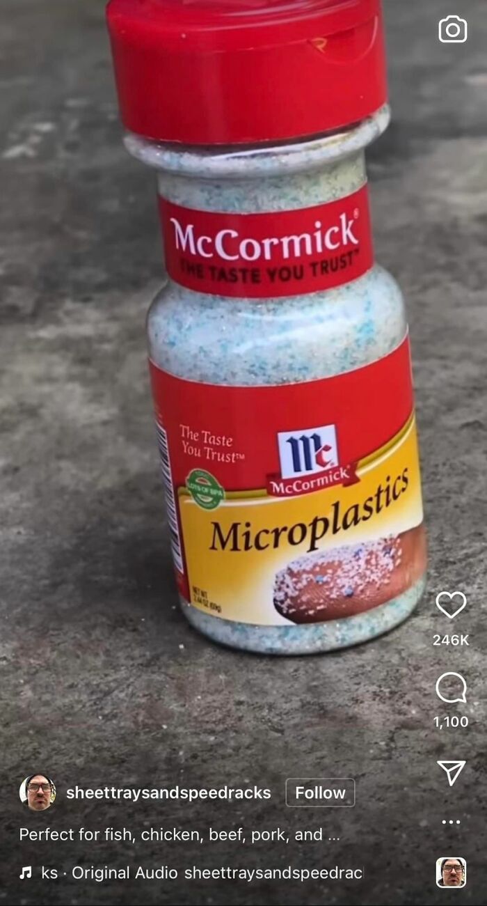 Container labeled microplastics designed like a spice bottle, highlighting dark memes about nature and the planet.