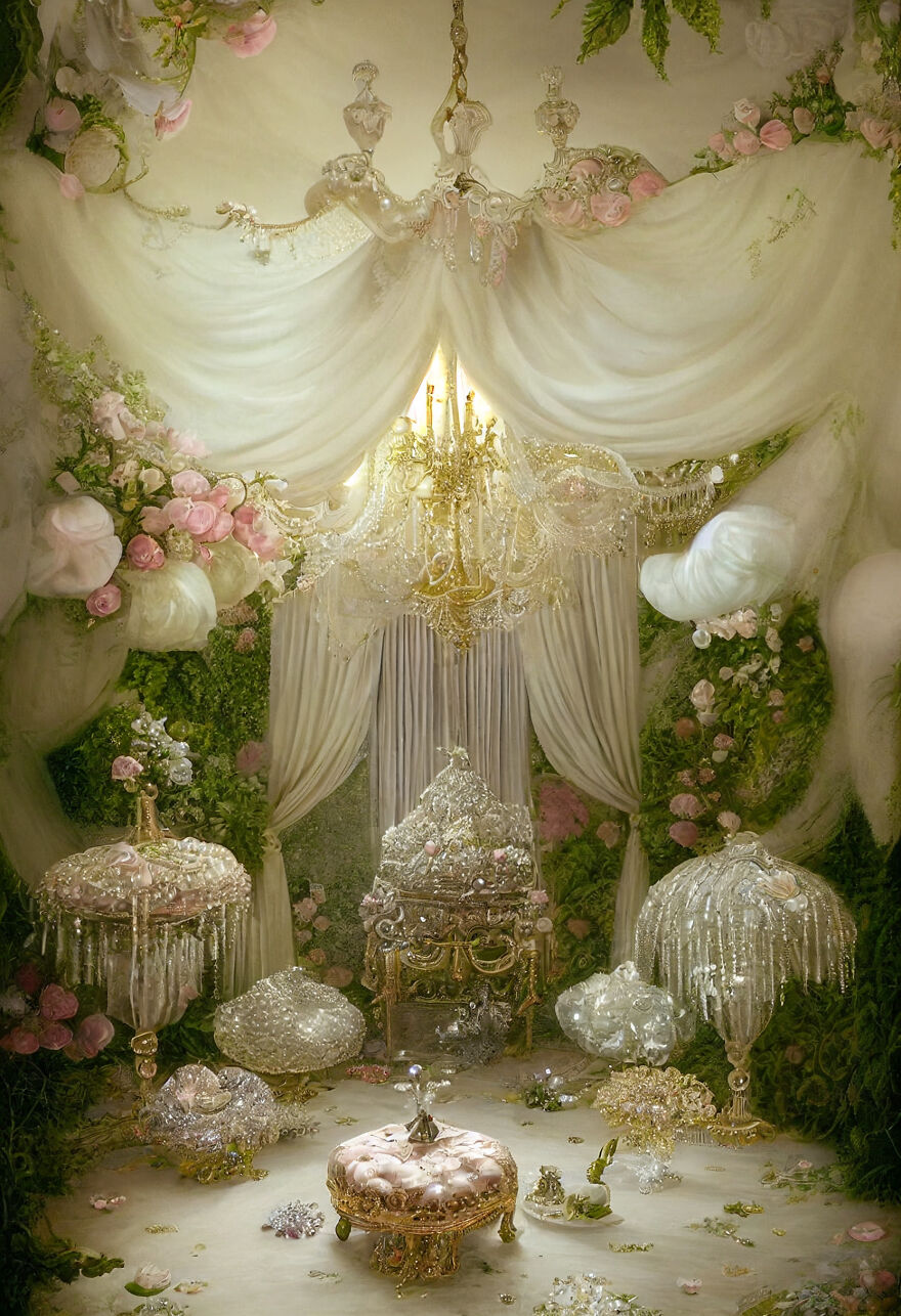 Dream world scene with ornate antique furniture, delicate floral decorations, and soft draped fabrics illuminated by a chandelier.