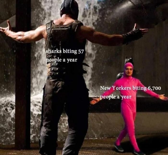 Two men posing with arms outstretched in a dark meme about nature and people biting statistics humorously.