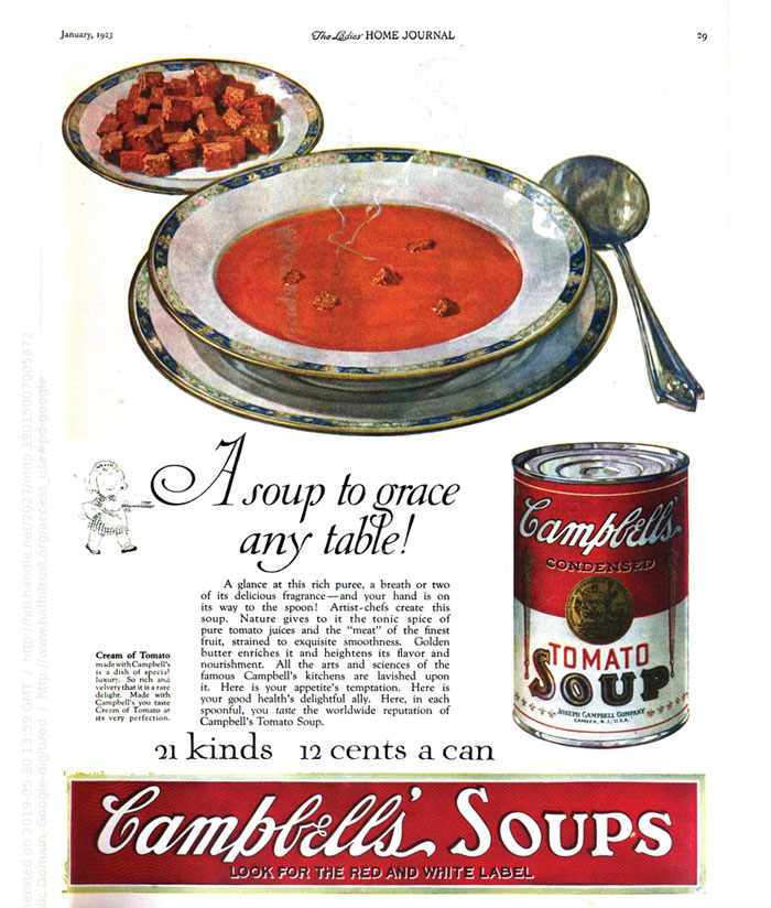 Vintage Campbell’s Tomato Soup ad with artistic design elements and appealing food presentation from 1923 magazine page.