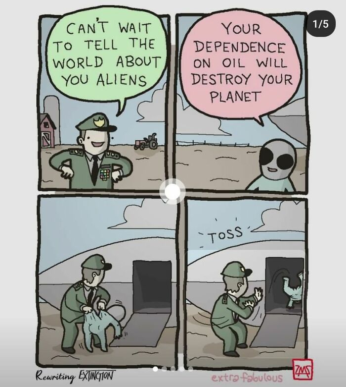 Comic showing a dark meme about nature and the planet, featuring aliens warning humanity about oil dependence.