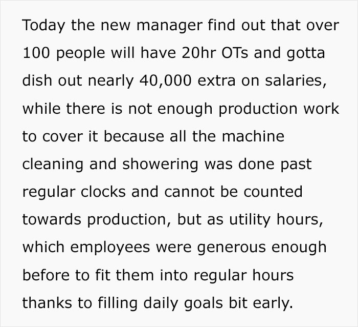 New Manager Demands Employees “Work On The Clock”, And One Malicious Compliance Later, They Rack Up 2,000 Extra Man Hours New Manager Demands Employees “Work On The Clock”, And One Malicious Compliance Later, They Rack Up 2,000 Extra Man Hours